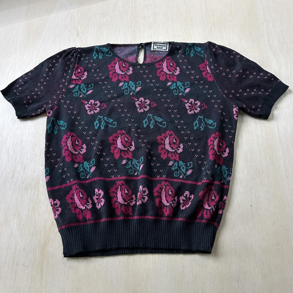 Vintage Keneth Too! Sweater Womens Large Black Floral Puff Short Sleeve Knit